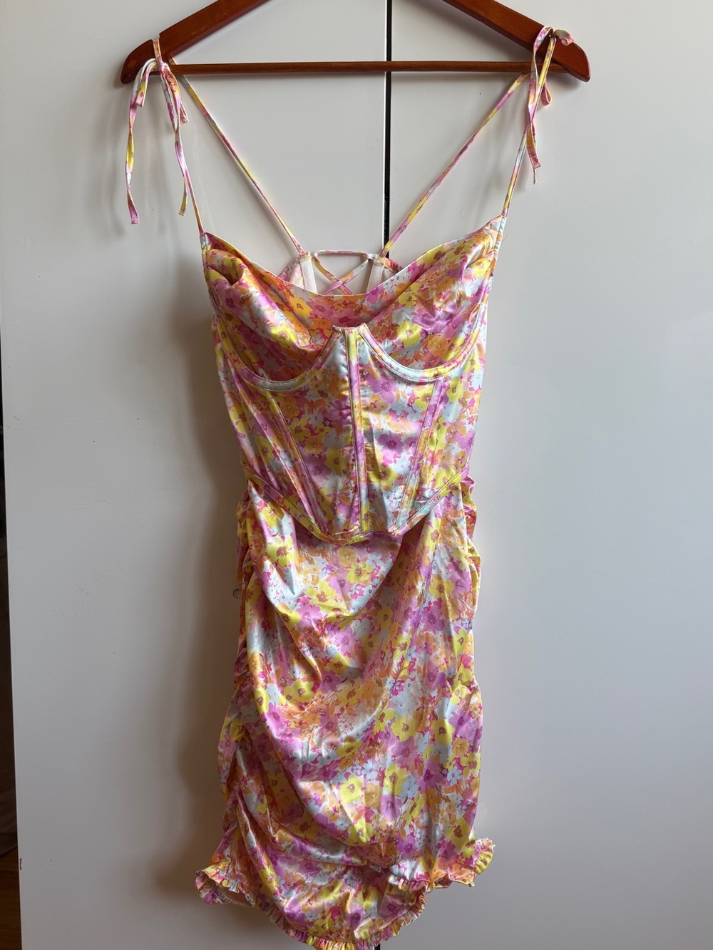 For Love And Lemons Pastel Punch Floral Pink Ruched Satin Lace-Up Mini Dress